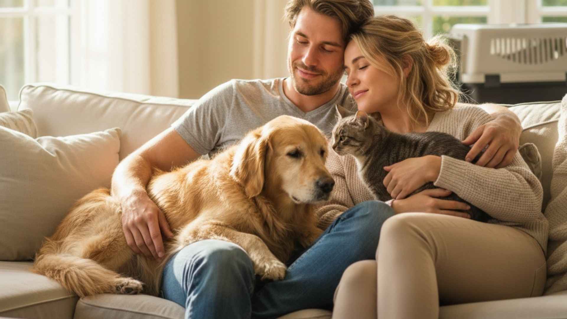 pareja tranquila con sus peludos en casa